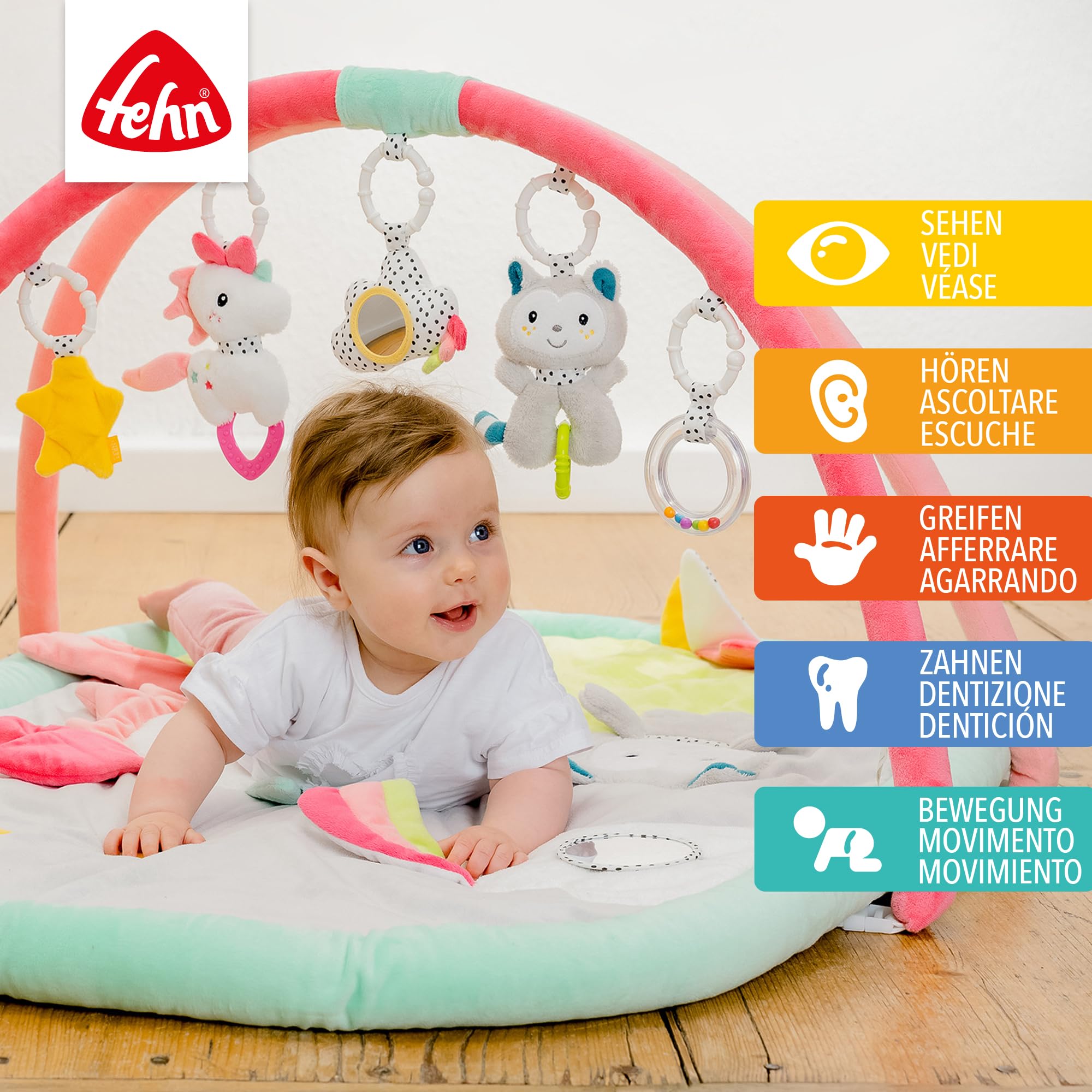 Fehn coperta attività 3D arco di gioco Aiko e Yuki - Tappeto da gioco con 5 giocattoli rimovibili da afferrare - per neonati e bambini a partire da 0+ mesi - come regalo per la nascita