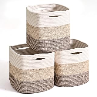 ICERZCZ 11 Inch Cube Storage Bins, Storage Cube Organizer Bins, Woven Cotton Rope Baskets for Storage, Storage Basket for Organizing Shelves, Square Baskets for Toys, Gradient Brown (Pack of 3)