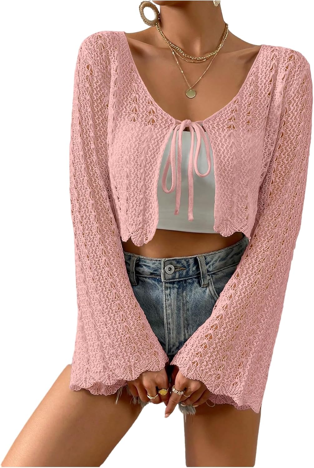 SHENHE Women's Tie Front Cardigan Trumpet Sleeve Pointelle Knit Crop Tops