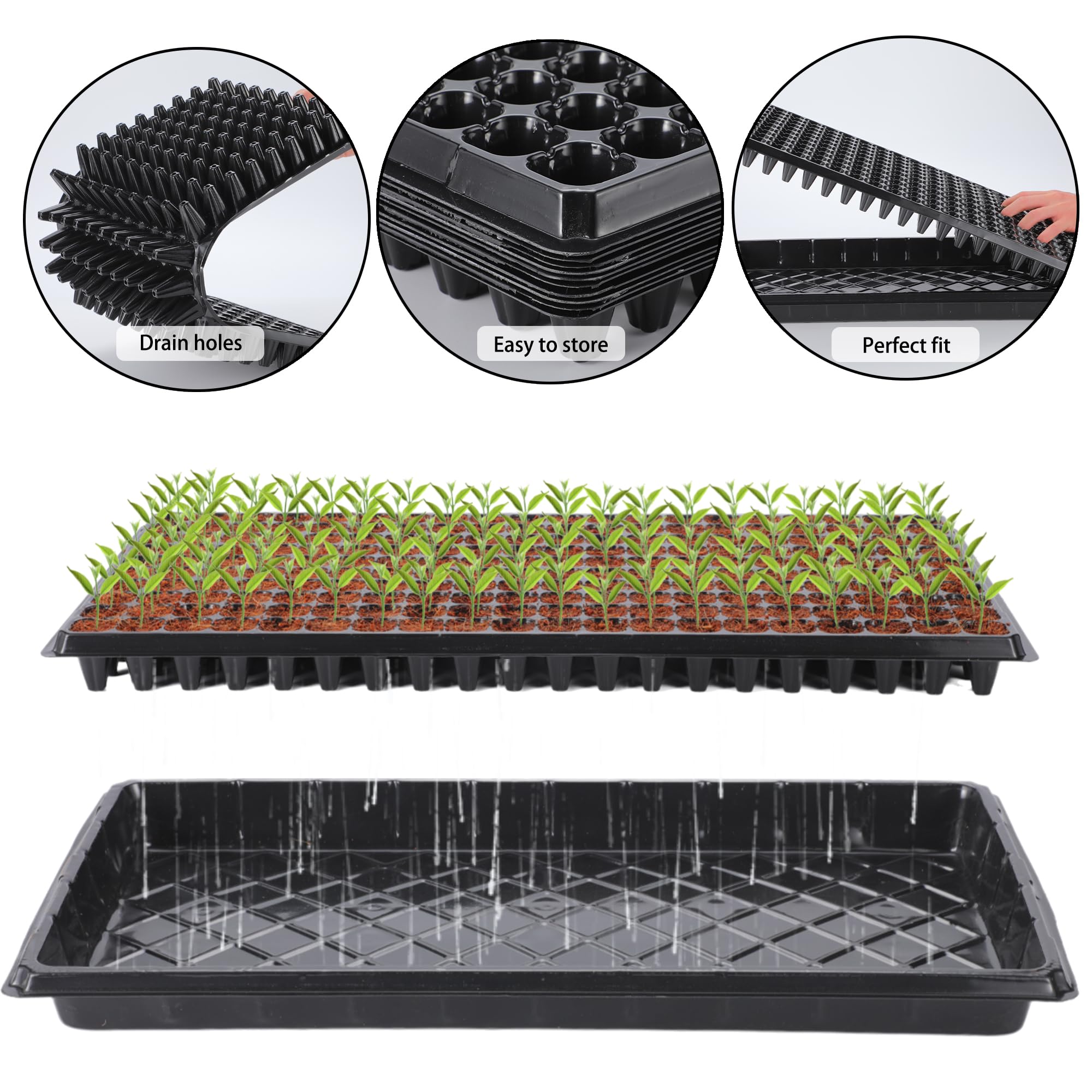 Bandejas de inicio de semillas de 200 celdas con escurridor, paquete de 20 bandejas reutilizables para propagación de germinación, excavadora de tierra de 200 agujeros para colocar