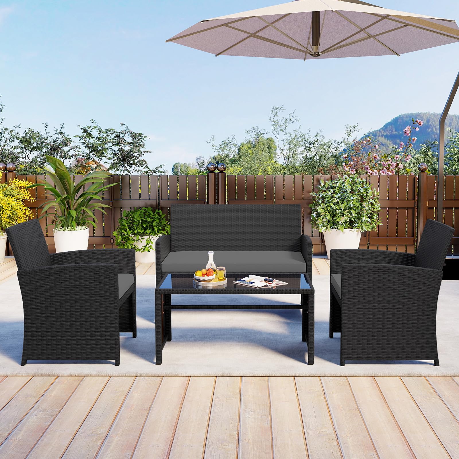 COSTWAY Set Salotto da Giardino 4 Pezzi, Divanetto e Poltrone in Rattan con Tavolino da Caffè in Vetro Temperato, Grigio