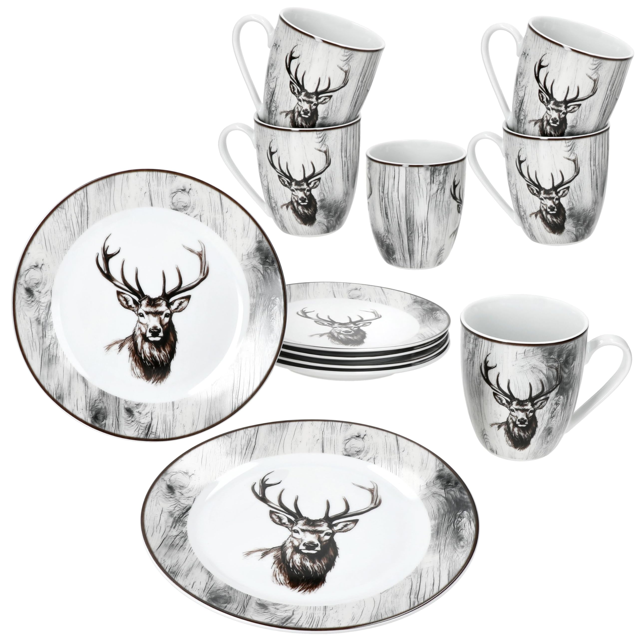 MamboCat Alois 12tlg Frühstücksset I je 6x Frühstücksteller & Kaffeebecher 350 ml aus Porzellan I 6 Personen I Holz-Optik & Hirschmotiv in Schwarz-Weiß I für Frühstück & Kaffee
