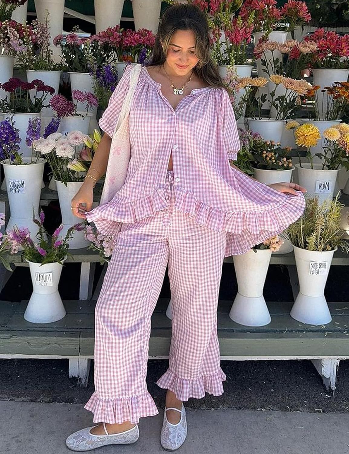 COZYPOIN Womens Gingham Pajama Set 2 Piece Plaid Cotton Pjs Cute Ruffle Sleepwear Maternity Bridesmaid Pajamas Loungewear - Image 3