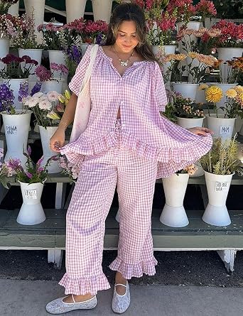 COZYPOIN Womens Gingham Pajama Set 2 Piece Plaid Cotton Pjs Cute Ruffle Sleepwear Maternity Bridesmaid Pajamas Loungewear