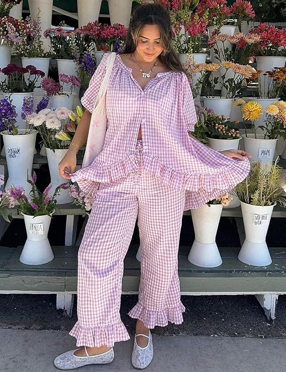COZYPOIN Womens Gingham Pajama Set 2 Piece Plaid Cotton Pjs Cute Ruffle Sleepwear Maternity Bridesmaid Pajamas Loungewear
