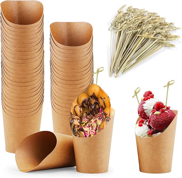 AXNSATRE 50 Pcs Disposable French Fries Holder & 50 Cocktail Picks,14oz French Fries Paper Cups Charcuterie Cups for Party Appetizer Egg Puff Waffle French Fries Chips Ice Cream Snacks