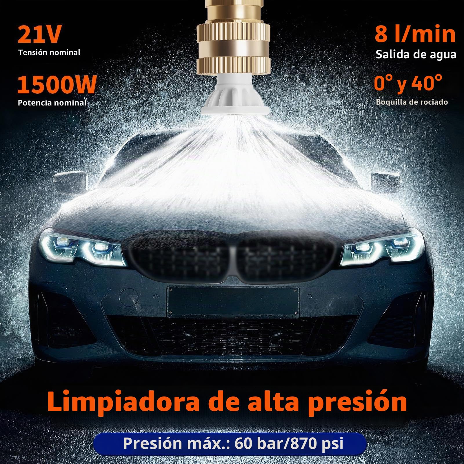 Hidrolimpiadora de Bateria, 1500W Hidrolimpiadora de Alta Presión Portátil, 60Bar/870 PSI Pistola Agua Presion Bateria, con 2 Baterías, 2 Boquillas, Manguera de 5 Metros Press & Clean Pistola Lavado.