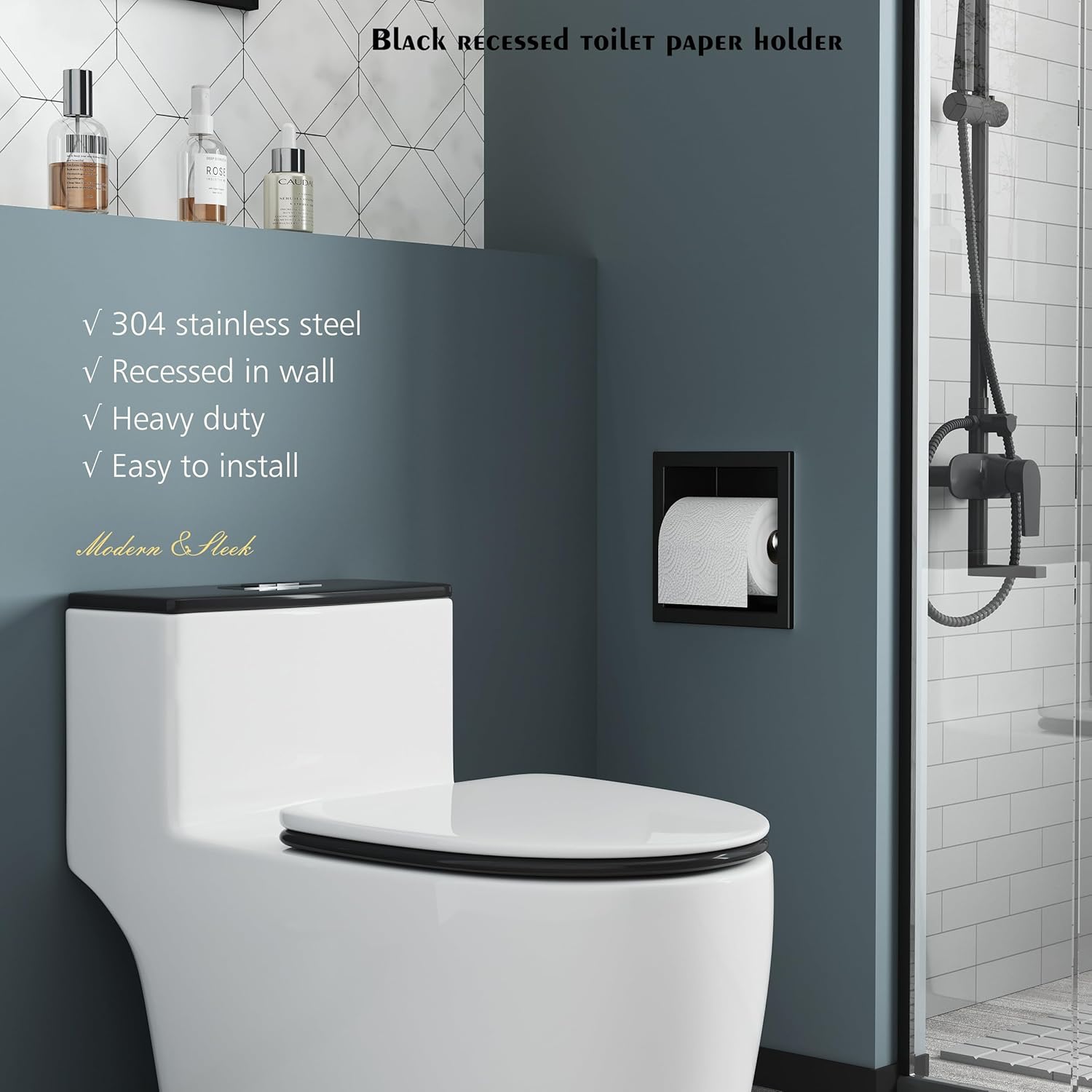 Neodrain Recessed Toilet Paper Holder, Matte Black Toilet Paper Holder Built-in, Stainless Steel Recessed Tissue Paper Roll Holder, in Wall