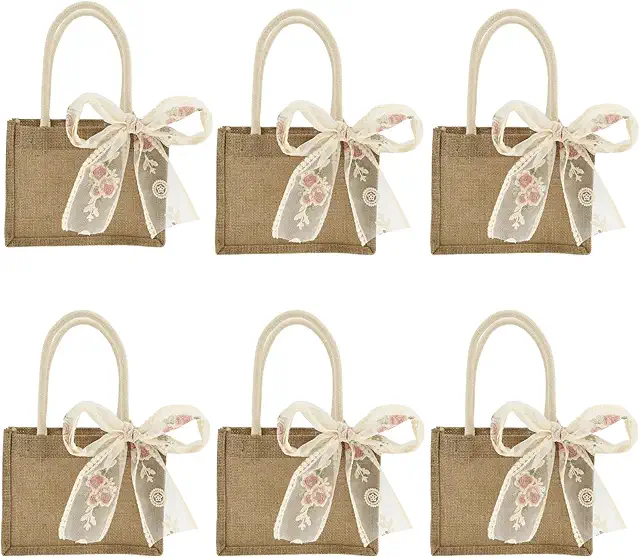 Set di 6 Borse in Iuta Riutilizzabili con Nastri Floreali - Borse Shopping