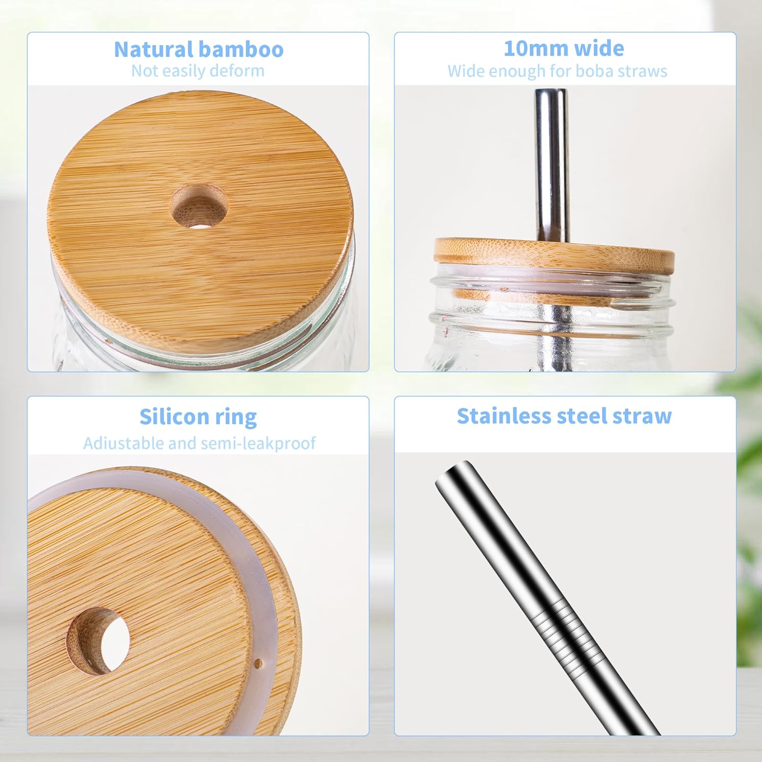 Amzcku 32oz vintage Mason Jars with Bamboo Lids and Stainless Steel Straws -Wide Mouth Quart Canning Jar, Reusable 32oz Boba & Smoothie Cups (2-Pack) - Image 4