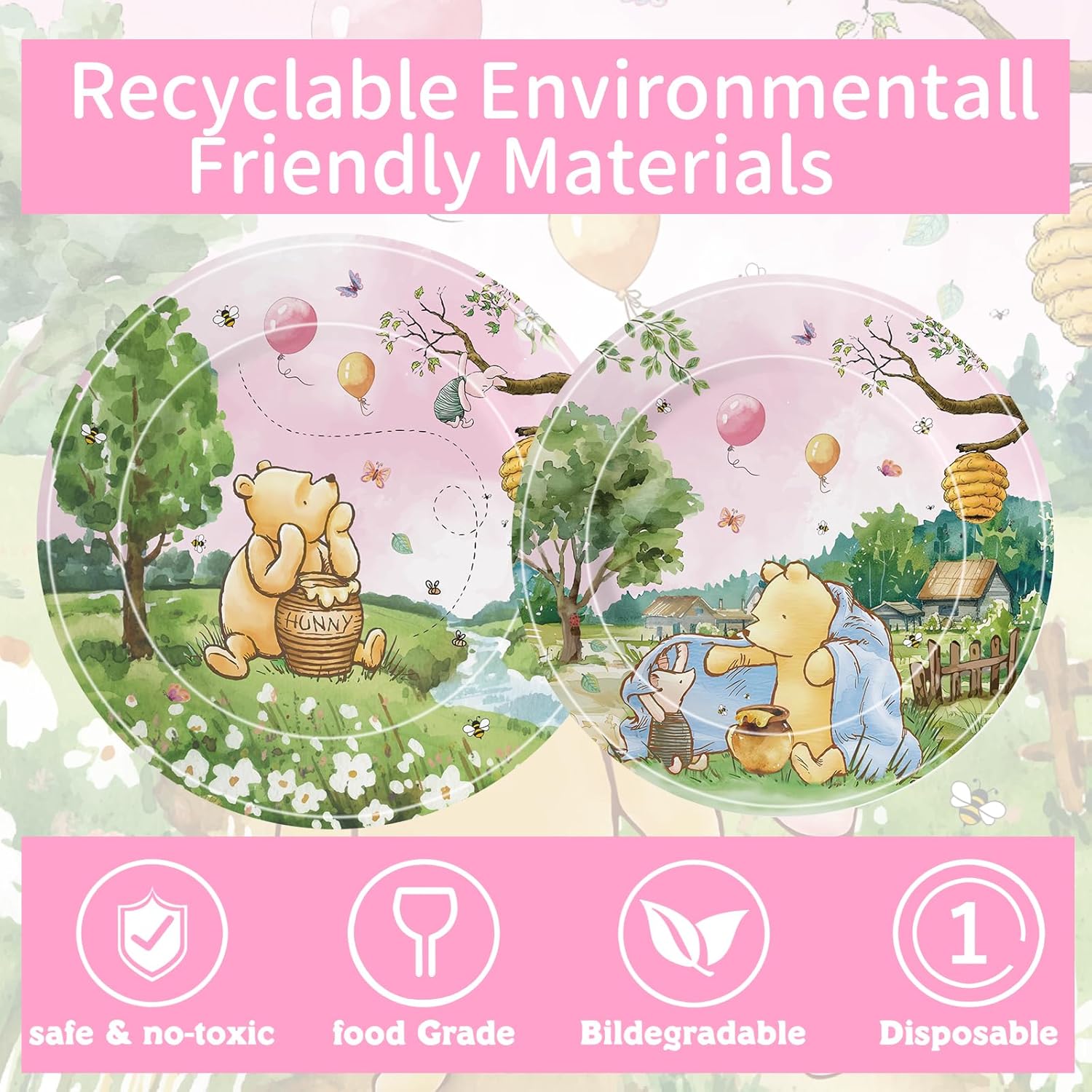 300 Pcs Bear Baby Shower Plates and Napkins Tableware Set, Plates Napkins Cups Straws and Forks Sets, Baby Shower Decorations Birthday Party Supplies, Serves 50 Guests (Pink)