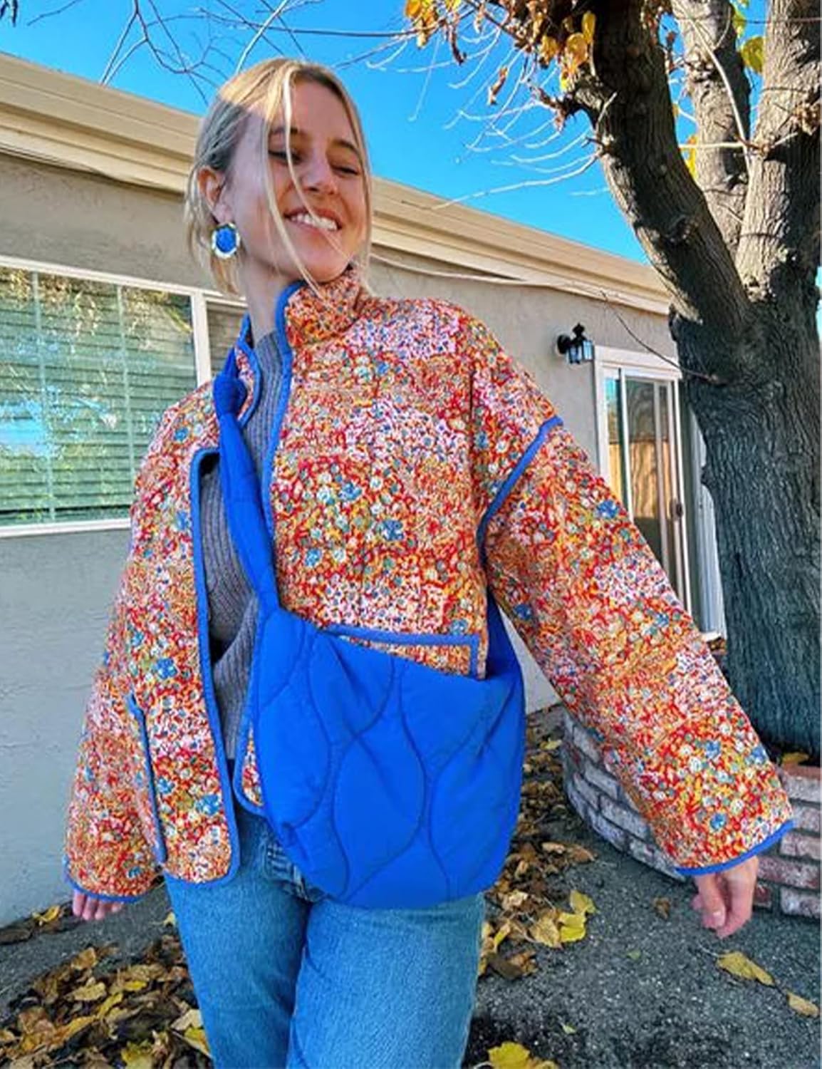 Yimoon Women's Cropped Puffer Quilted Jacket Vintage Floral Print Open Front Lightweight Short Jacket Outerwear - Image 2