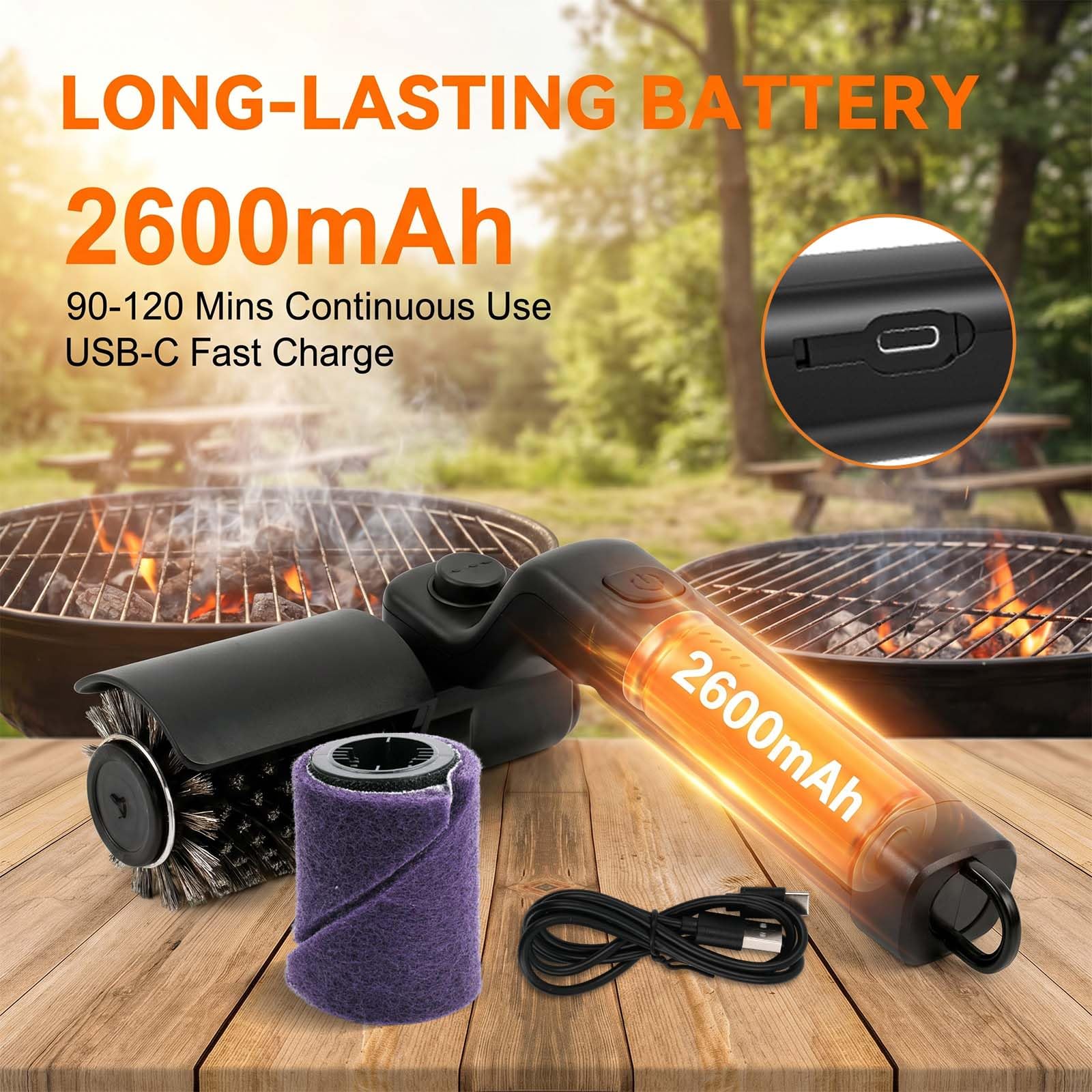 Brosse Électrique pour Barbecue, Brosse de Nettoyage BBQ, Brosse sans Fil, Nettoyeur BBQ Rechargeable, 3 Vitesses, Tête en Acier Inoxydable, Angle Réglable, Étanche, 90 Min Autonomie