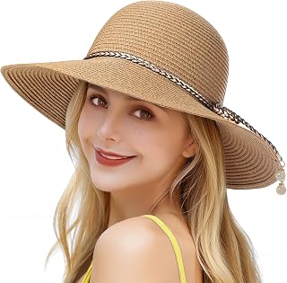 Trifabricy Women's UPF 50+ Wide Brim Foldable Straw Sun Hat - Breathable Beach Floppy Hat for UV Protection