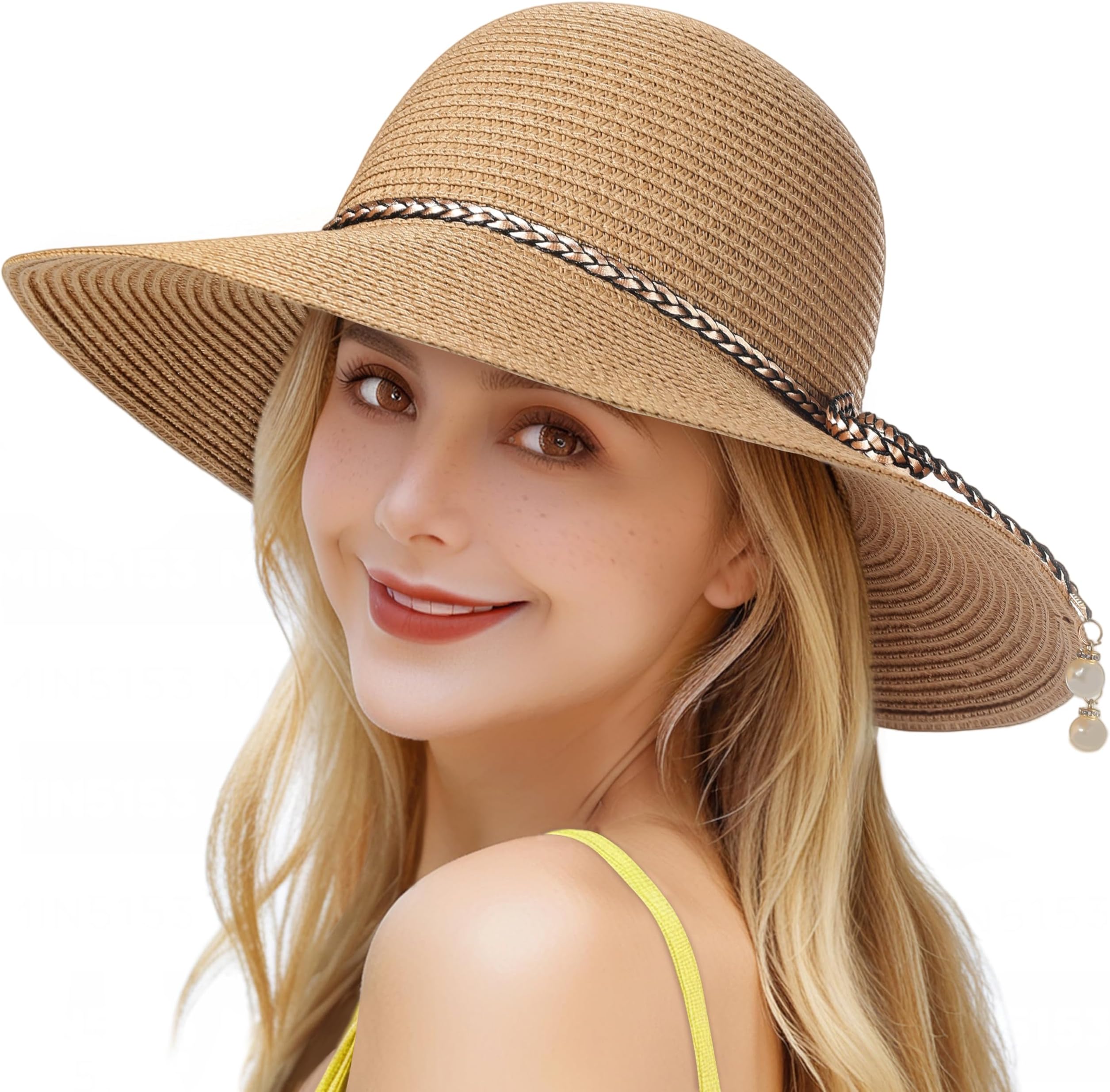 Womens Beach Sun Straw Hat - UV Protection UPF 50+ Sun Hats for Women with Wide Brim, Straw Beach Hat for Women
