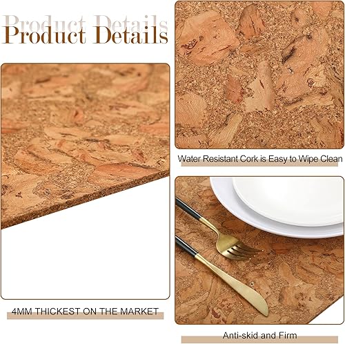 Miniatura 6 de Eaasty 6 manteles individuales de corcho de 17 x 12 pulgadas, resistentes al calor, antideslizantes, manteles individuales de madera de grano de