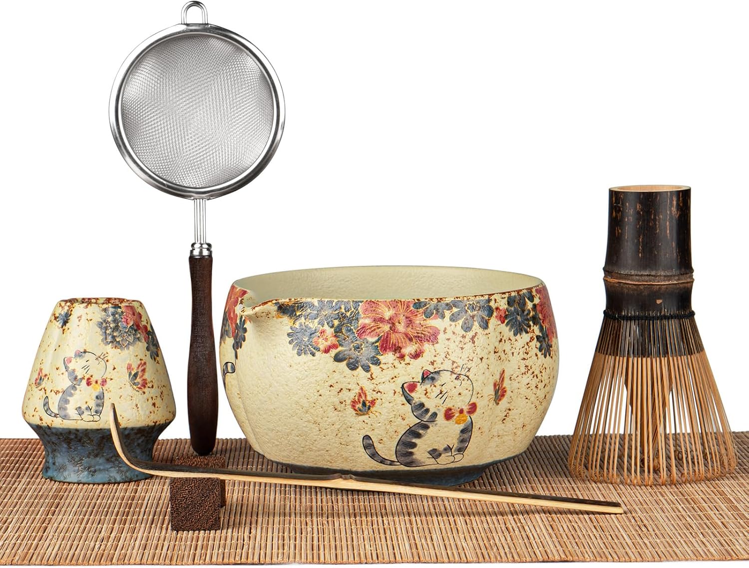 7-Piece Matcha Set with Matcha Bowl, Bamboo Whisk (Chasen) & Holder, Sifter, Tea Scoop & Rest, Special Bamboo Tea Mat - Perfect Matcha Kit for Matcha Lovers & Gift Giving, Kitty Pattern