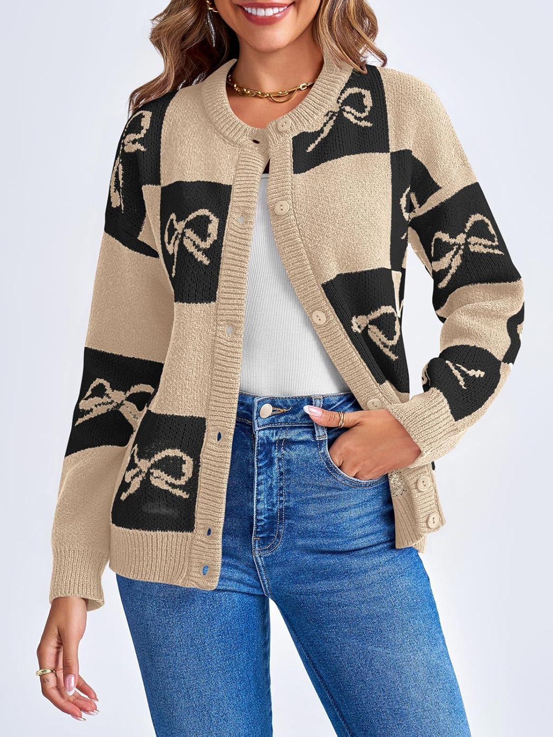 Saodimallsu Womens Checkered Sweater Bow Color Block Plaid Cardigan Long Sleeve Button Open Front Knit Coat - Image 3