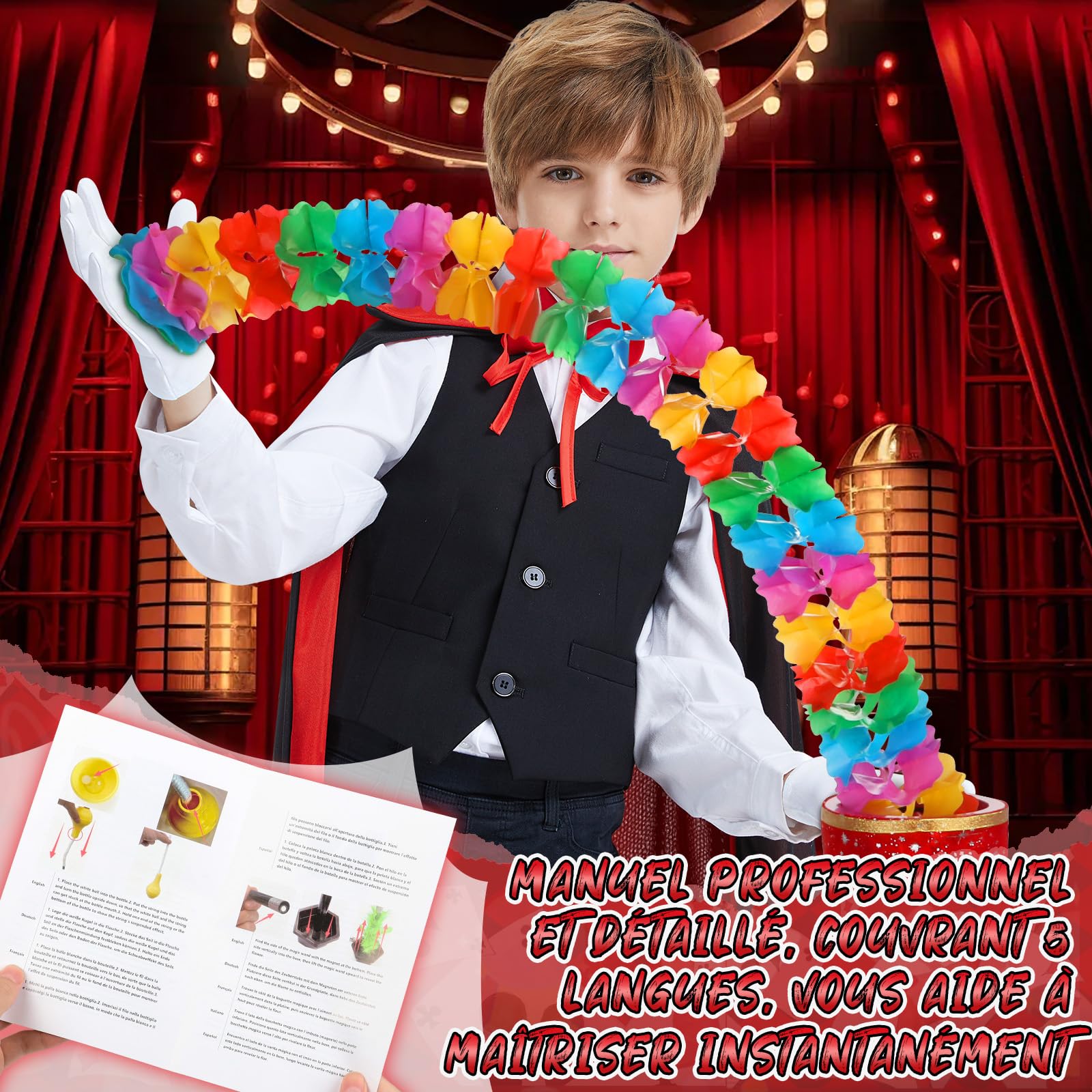 BuzzoXerex Kit de Magie, Coffret Magie Enfant avec Déguisement Magicien Enfant, Accessoires de Magicien et Instructions, Tour de Magie Enfant 6 7 8 9 10 11 12 Ans pour Garçons et Filles Carnaval