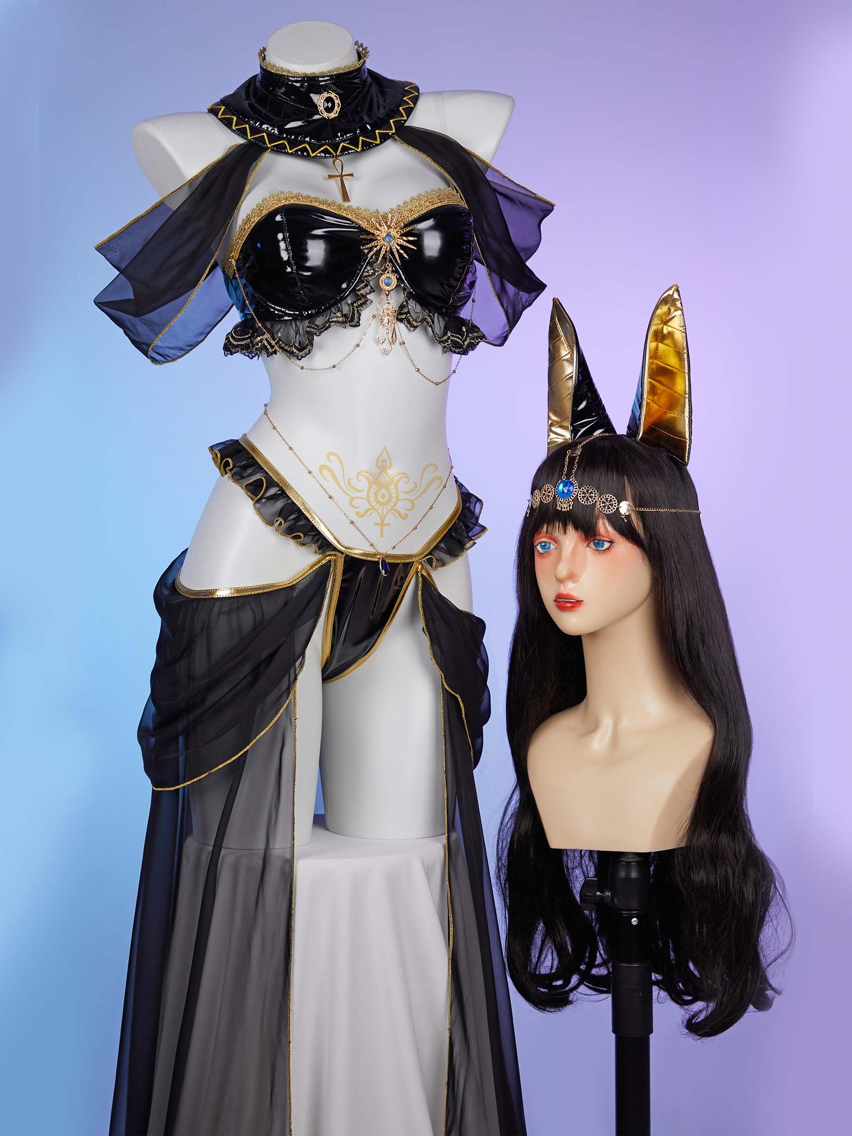 Mobbunny Women Anime Cosplay Sexy Costume Black Top Thong and Chiffon Skirt Egyptian Costume with Sleeves and Chain Halloween: X-Large Black