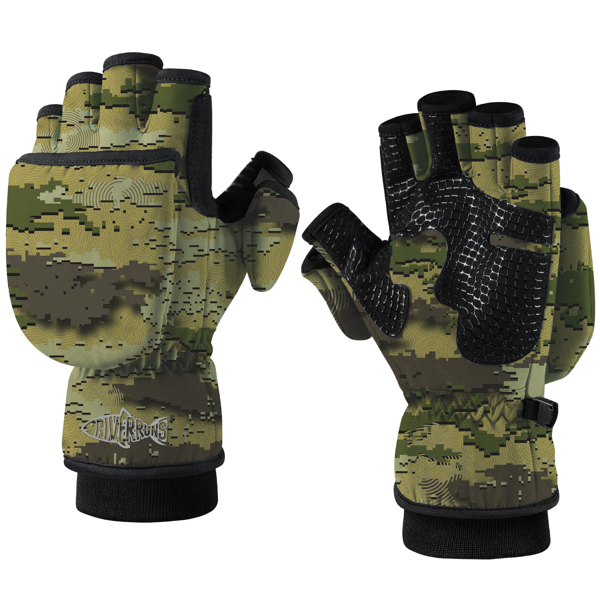 Riverruns Winter Fishing Gloves Convertible Mittens Fingerless for Men Women, Ideal for Ice Fishing, Photography, Hunting, CamoKhaki, XL