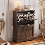 Semiocthome Farmhouse Shoe Storage Cabinet with 2 Flip Drawers, 23.6"(W) Freestanding Shoe Organizer with Barn Door and Metal Handles for Entryway, Corner Rustic Narrow Shoe Rack Cabinet - White
