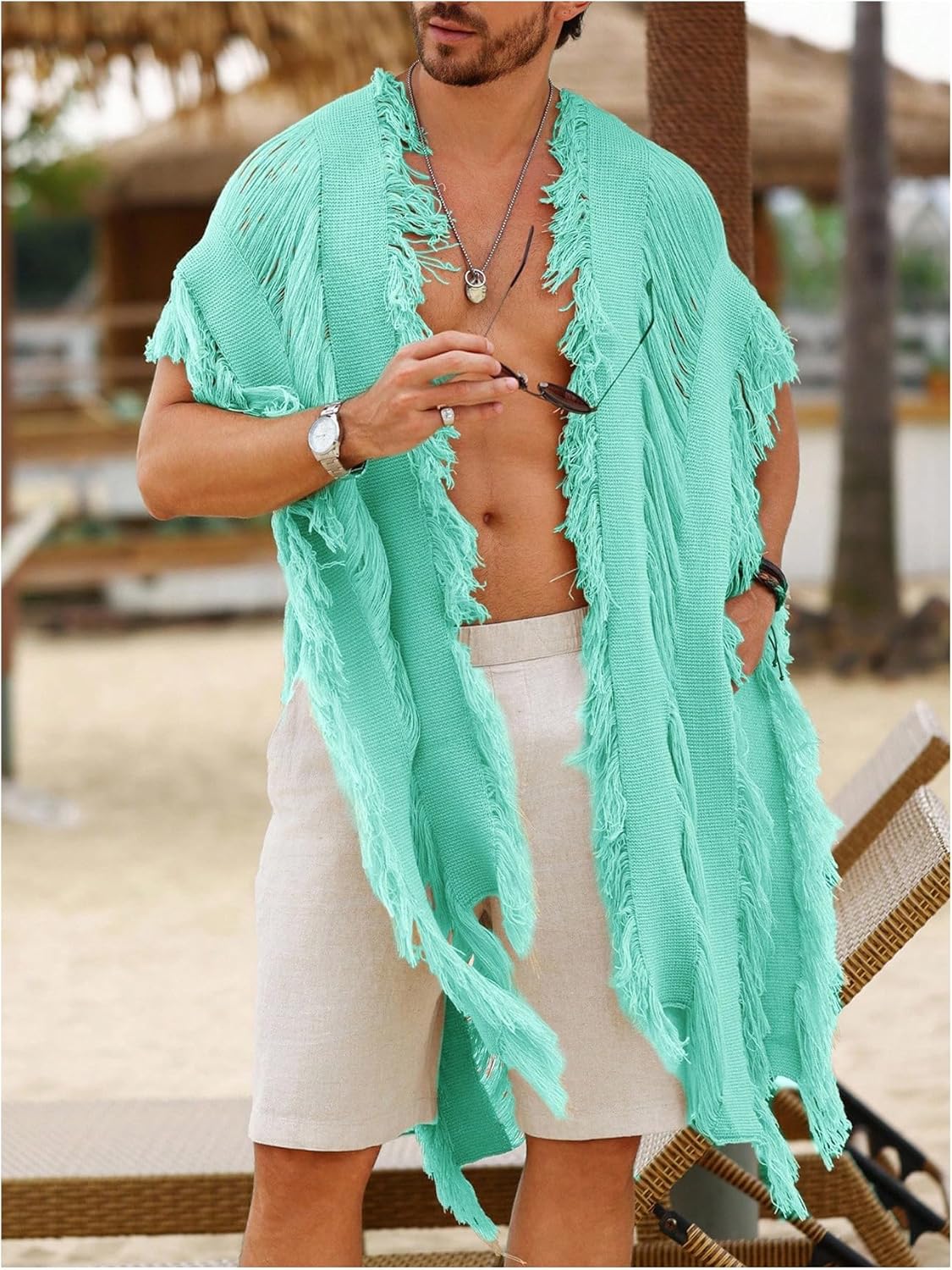 Verdusa Men's Knit Poncho Fringe Loose Cardigan Cape Knit Shawl Wrap Beach Vacation Outfits - Image 3