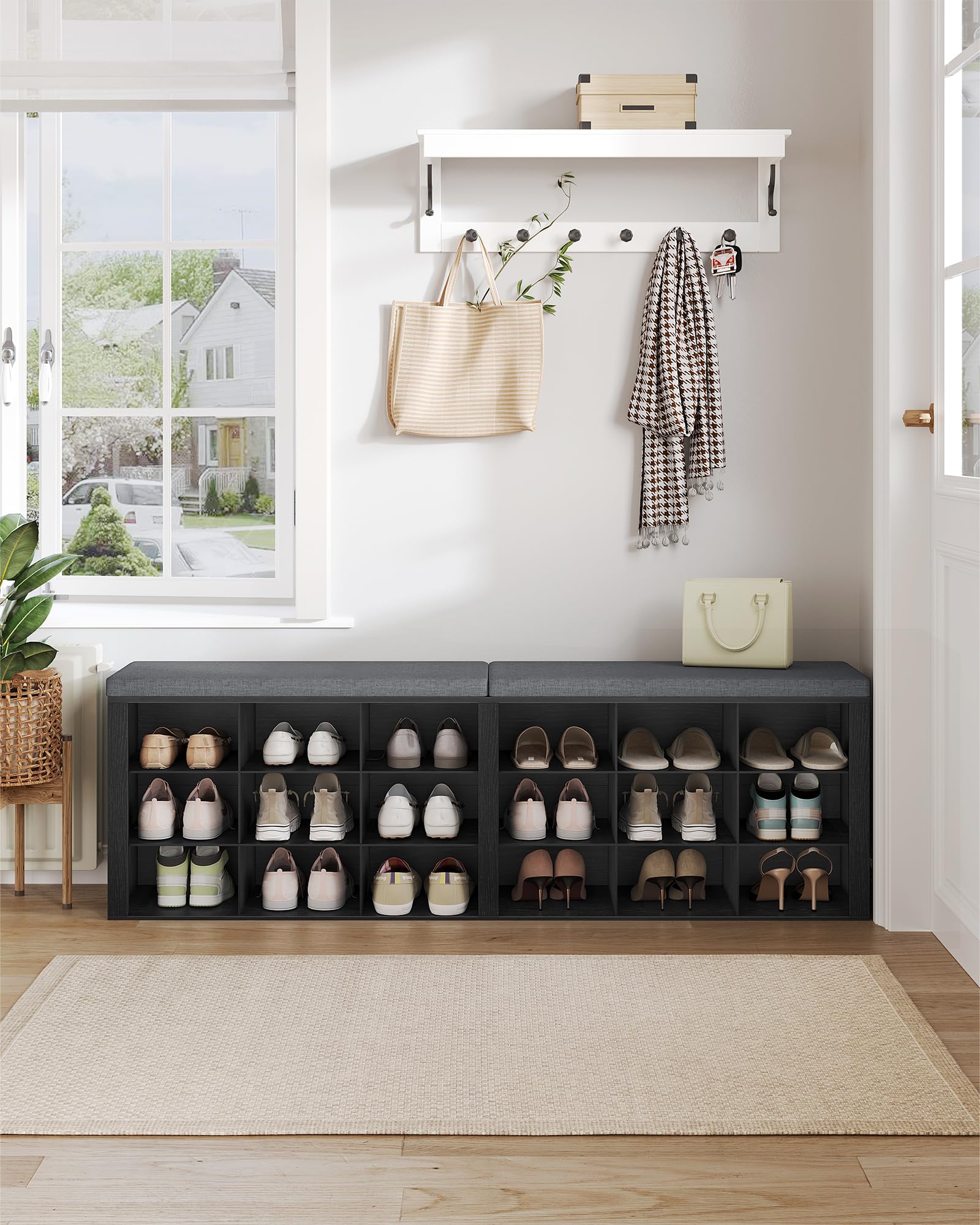 Hzuaneri Schuhbank, Schuhregal mit Sitzfläche, Schuhschrank mit Sitzbank, 18 Fächern, Eingangsbank Verstellbaren Ablagen für Wohnzimmer, Schlafzimmer, 30 x 150 x 48 cm, Schwarz-Dunkelgrau SB25704GY