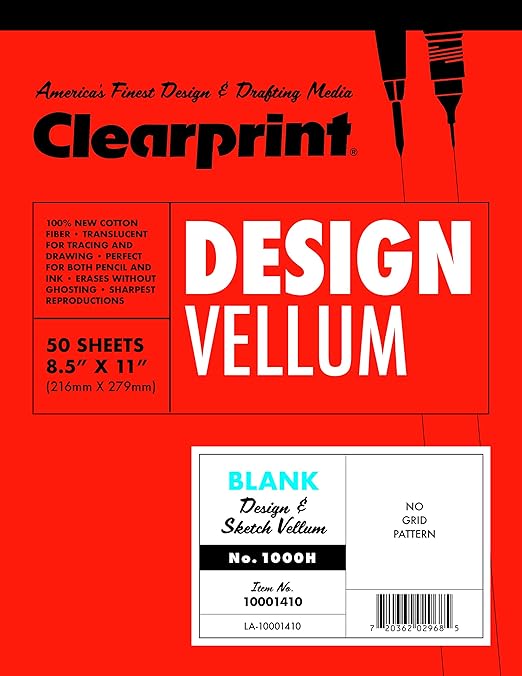 Clearprint 8-1/2" x 11" 1000H Design Vellum Pad, 16 lb., 100% Cotton, 50 Sheets, 1 Each