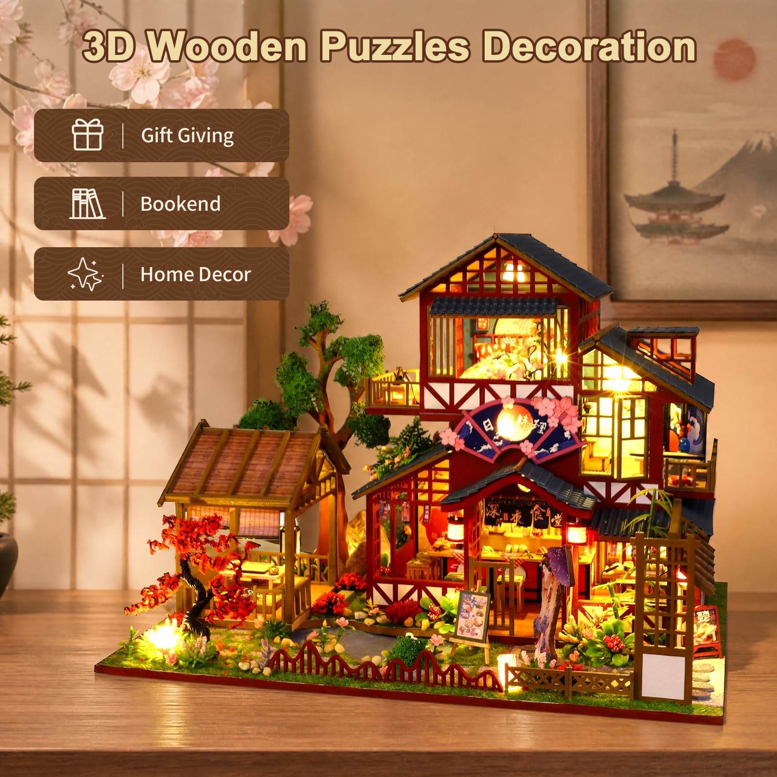 DIY Miniature Maison, Restaurant Japonais Puzzle 3D en Bois avec Lumière LED Musique, Kit de Maison de poupée pour Adultes, Maquette à Décoration pour Bibliothèque, Cadeau d'anniversaire
