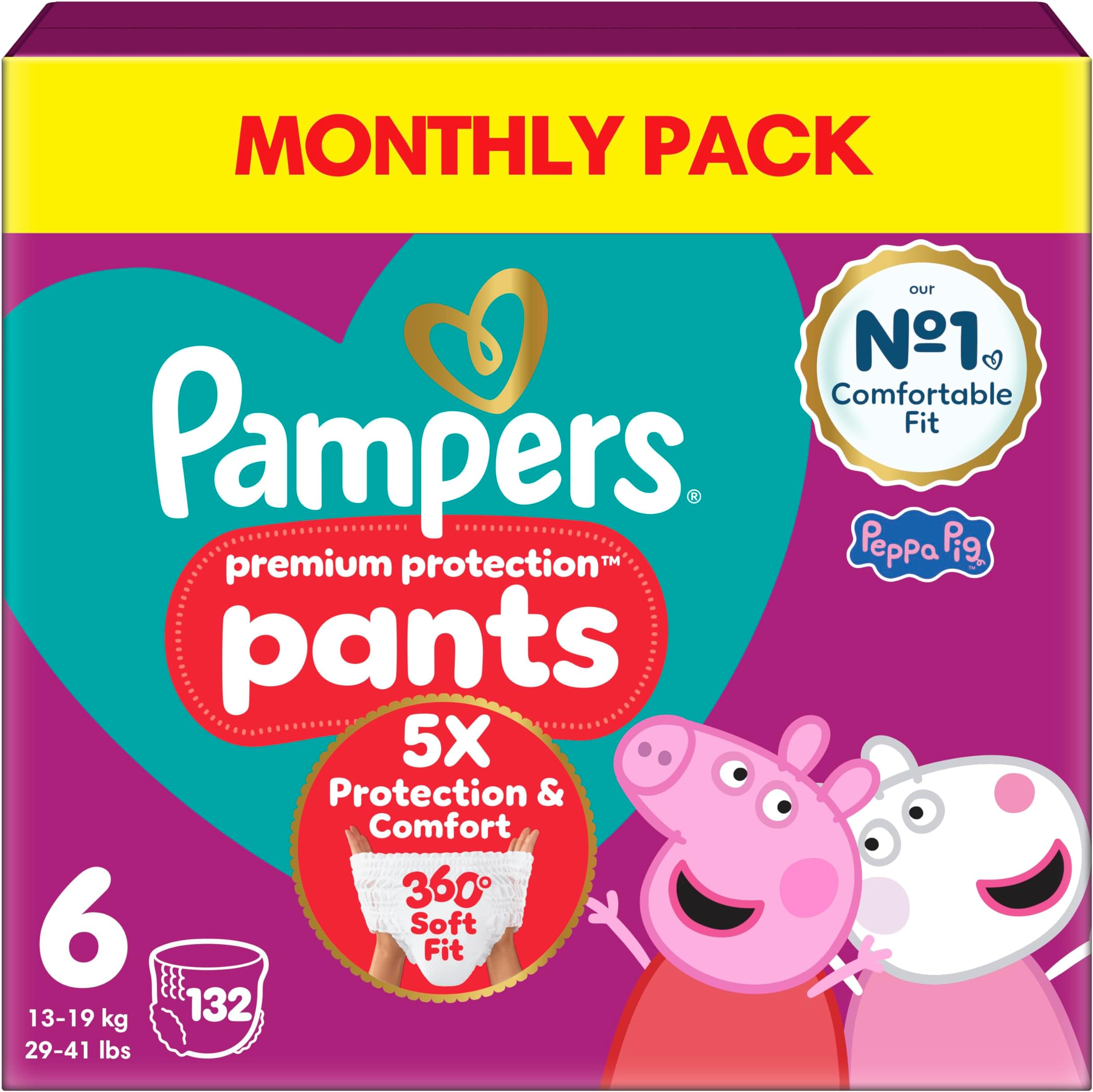 Premium Protection Nappy Pants Size 6, 132 Nappies, 13kg-19kg, Monthly Pack + Pampers Harmonie Aqua Baby Wipes 1 pack of 10 Wipes