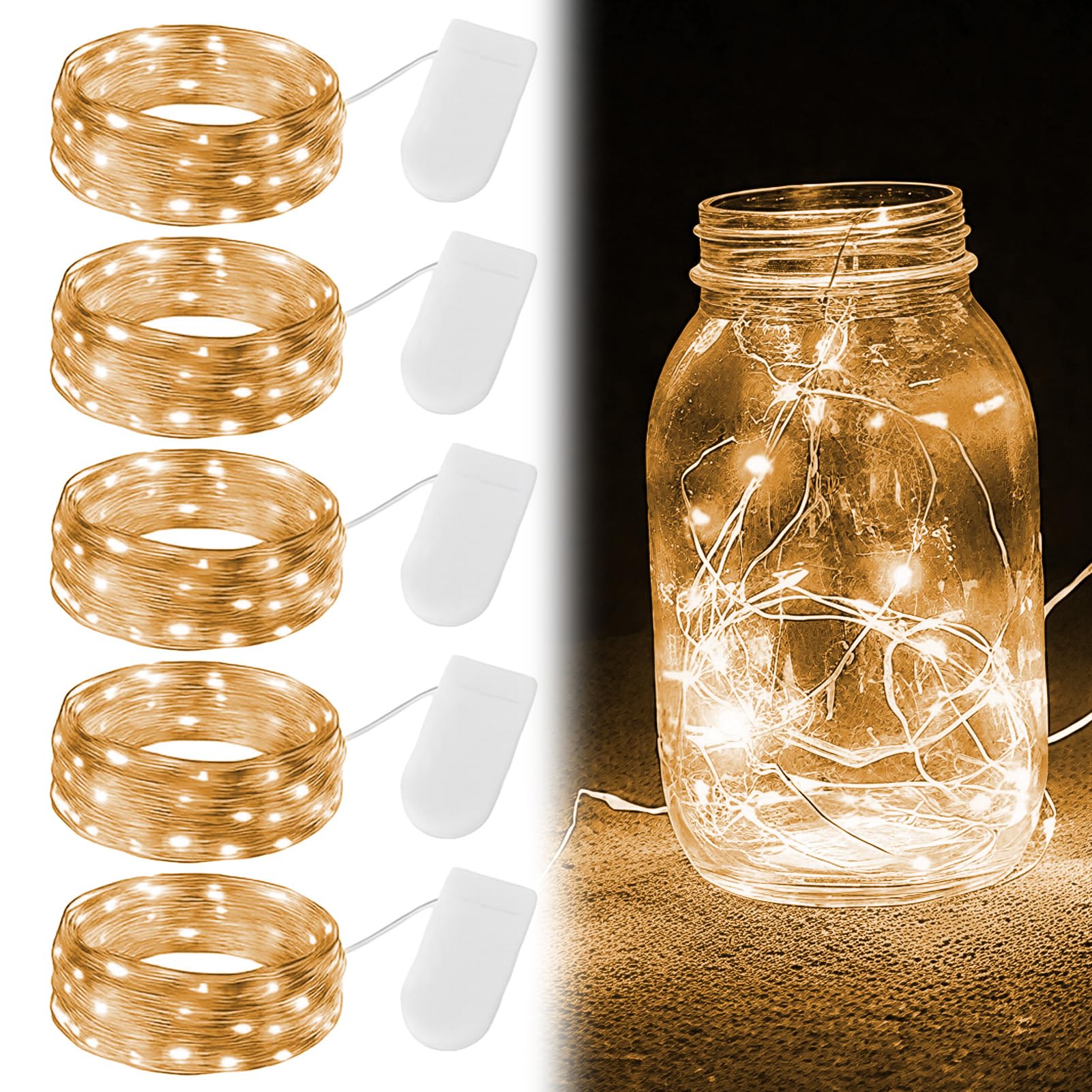 NIRJIK 5 Pcs Warm White Lights, 2M 20LED Silver Wire Fairy Lights, Waterproof String Lights Battery Powered for Indoor Bedroom Bottle Decor Outdoor Party Wedding and Tree