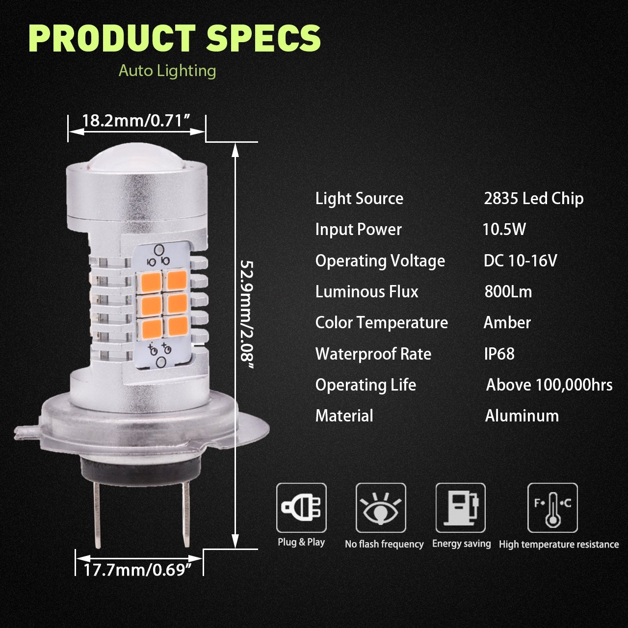TUINCYN Żarówki przeciwmgielne H7 LED w kolorze bursztynowym, bez błędów Canbus, lampa DRL, zamiennik, 2835 21SMD, 6500K, wyjątkowo jasne, do samochodowych świateł do jazdy dziennej, 10.5W, DC 12V (2