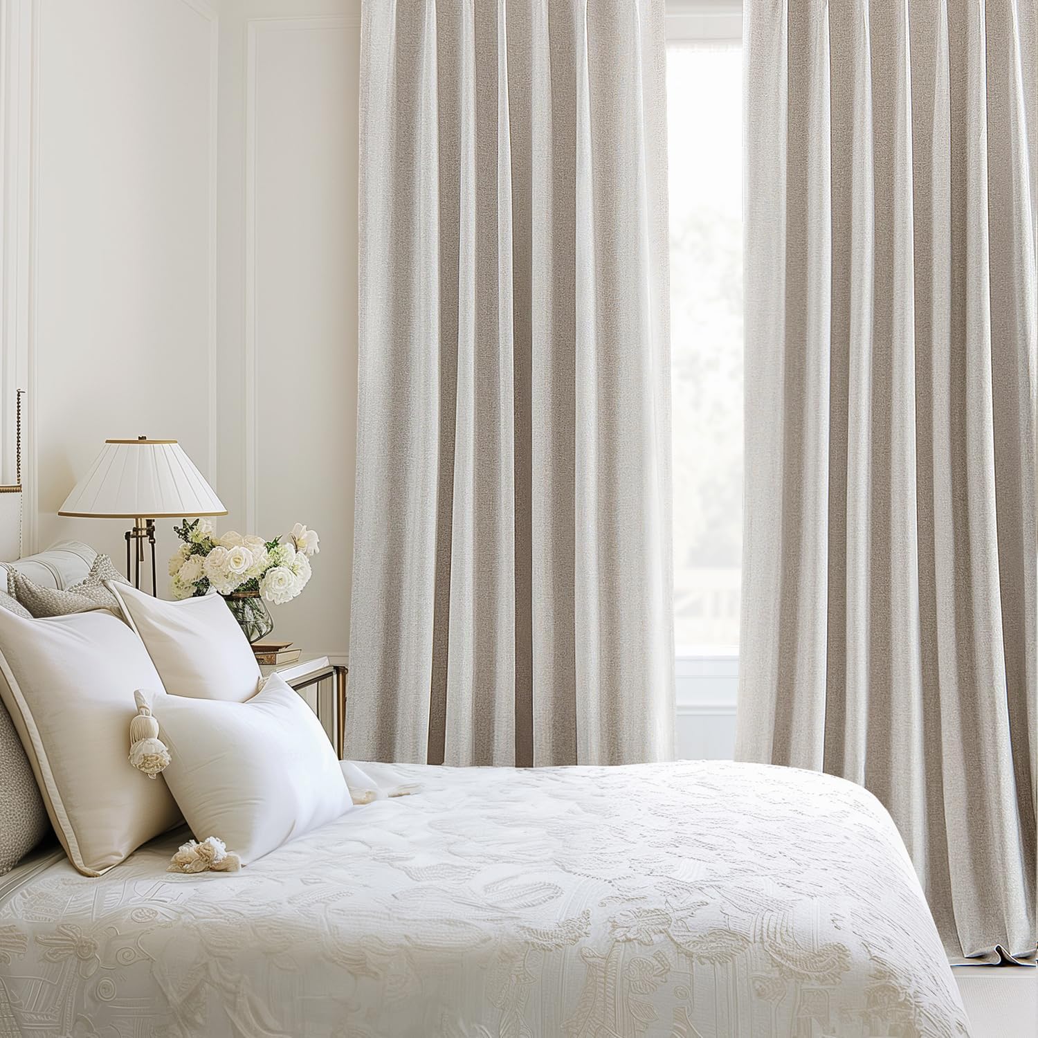 MIULEE Linen Pinch Pleated 100% Blackout Curtains for Bedroom 94 Inch Long 2 Panels Set- Back Tab Track Beige Thermal Insulated Cream Black Out Triple Pleat Room Darkening Drapes with Hooks, Greige