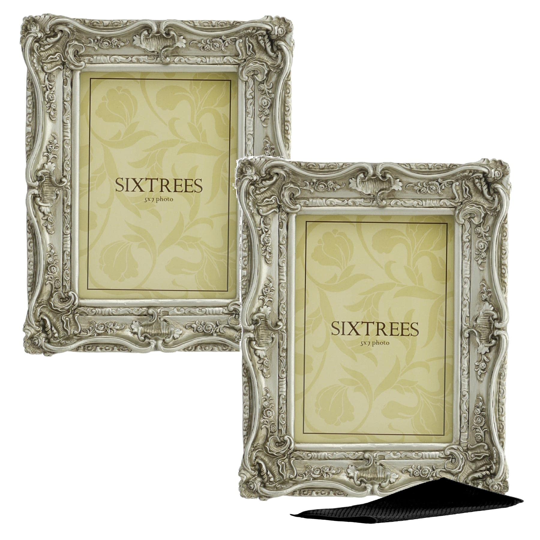 A Twinpack of Sixtrees Chelsea 5-255-57 Ornate Vintage Swept Shabby Chic Silver 7x5 inch Photo frames - with Microfibre glass cleaning cloth.