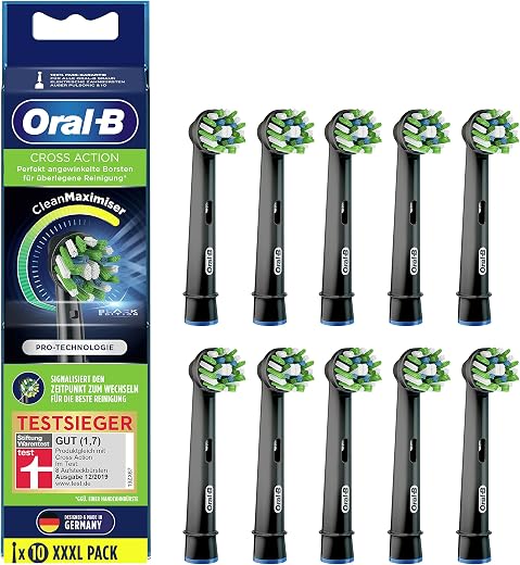 Oral-B CrossAction Black Edition Replacement Toothbrush Heads with CleanMaximiser Bristles for Superior Cleaning Pack of 10