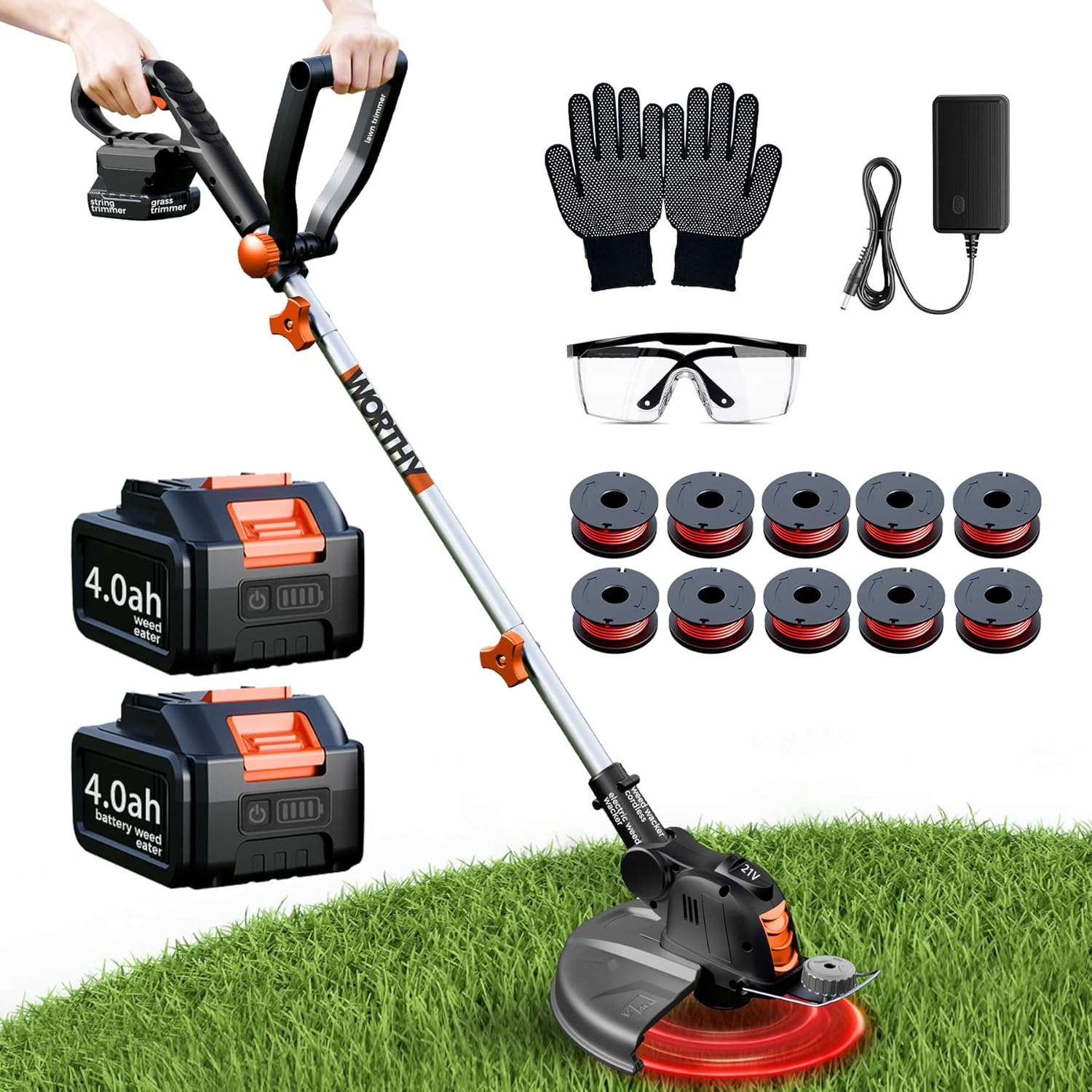 Electric Weed Wacker String Trimmer:2 x 4.0Ah Batteries Cordless Weed Eater 21V Battery Powered with 12" Cutting Width, Eco Friendly Grass Cutter Edger Lawn Tool with Fast Charger