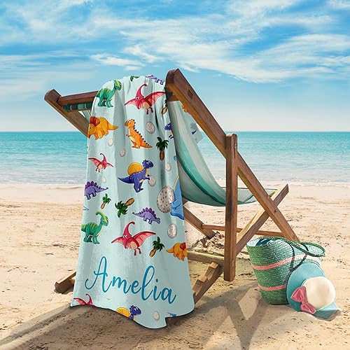 Miniatura 6 de Toallas de playa personalizadas de dinosaurio para niños, toallas de playa personalizadas con nombre para niños, microfibra de secado rápido, sin