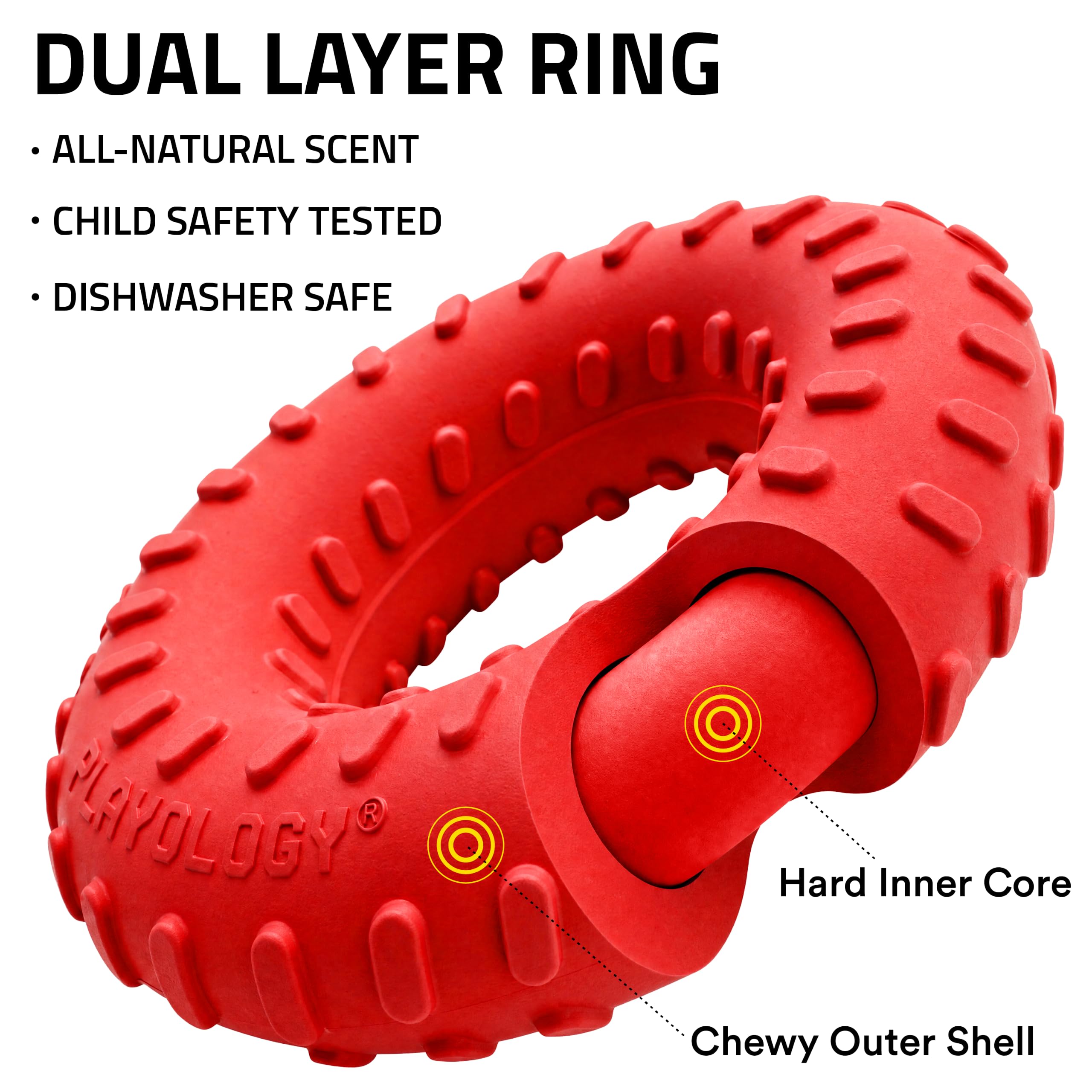 Playology Doppelschichtiges Ringspielzeug für mittelgroße Hunde bis zu 22,7 kg, ansprechendes, natürliches Rindfleischduft, langlebiges Kauspielzeug für Power-Kauer, leicht zu reinigen, interaktiv und