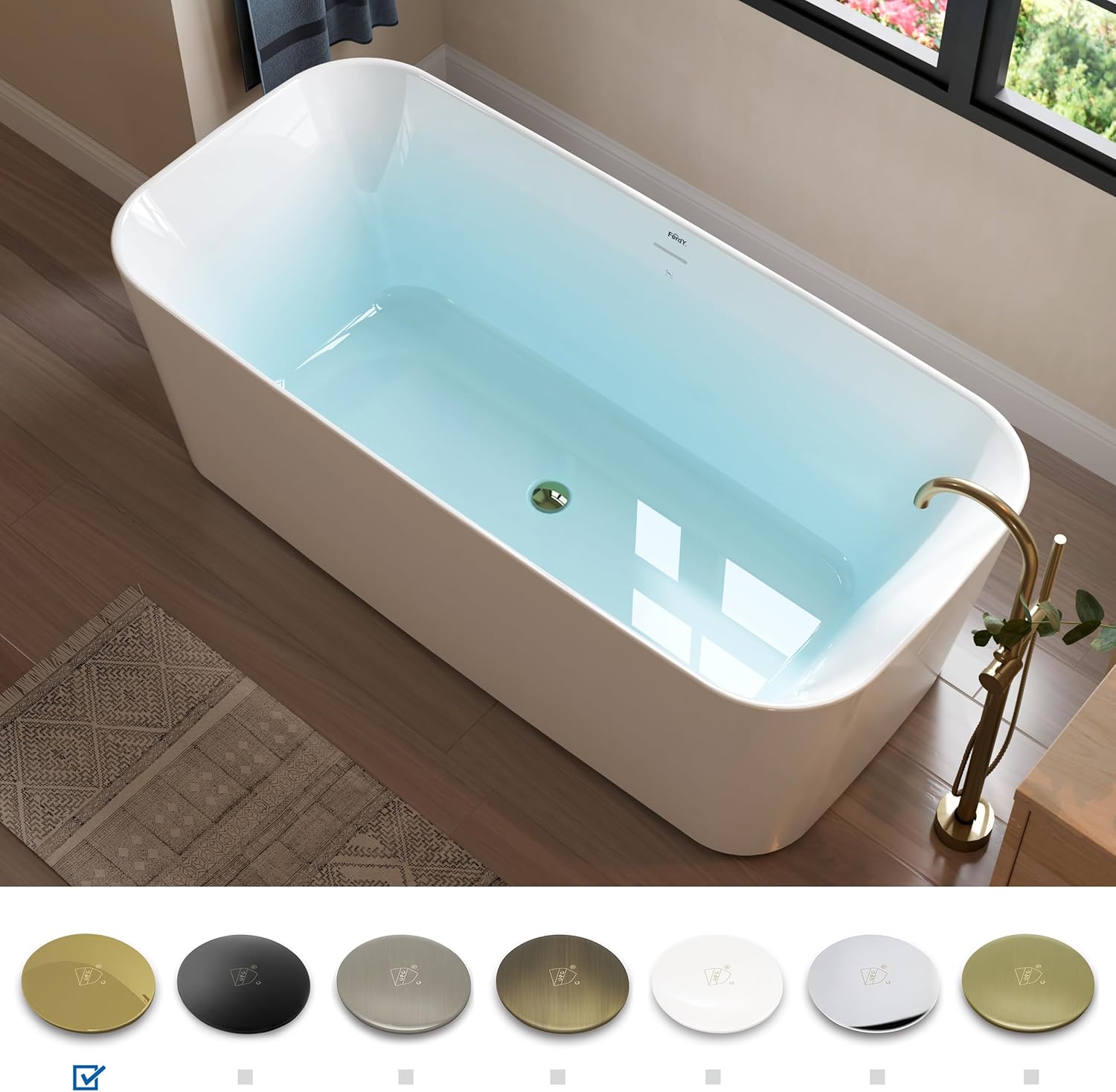 FerdY Maui 67" Acrylic Freestanding Bathtub, Contemporary Elegant Design Soaking Tub with Polished Gold Drain and Minimalist Linear Design Overflow, Easy to Install