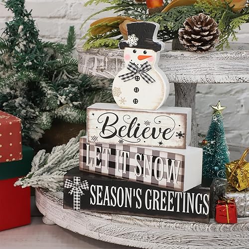 Miniatura 4 de 4 piezas de decoración de Navidad para interiores de madera con muñeco de nieve para decoración de mesa de centros de mesa de Navidad Feliz Navidad,