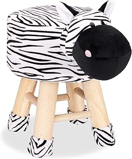 Relaxdays Taburete Infantil Animal Forma de Cebra con Funda Extraíble, Madera, Blanco y Negro, 34,5 x 28 cm