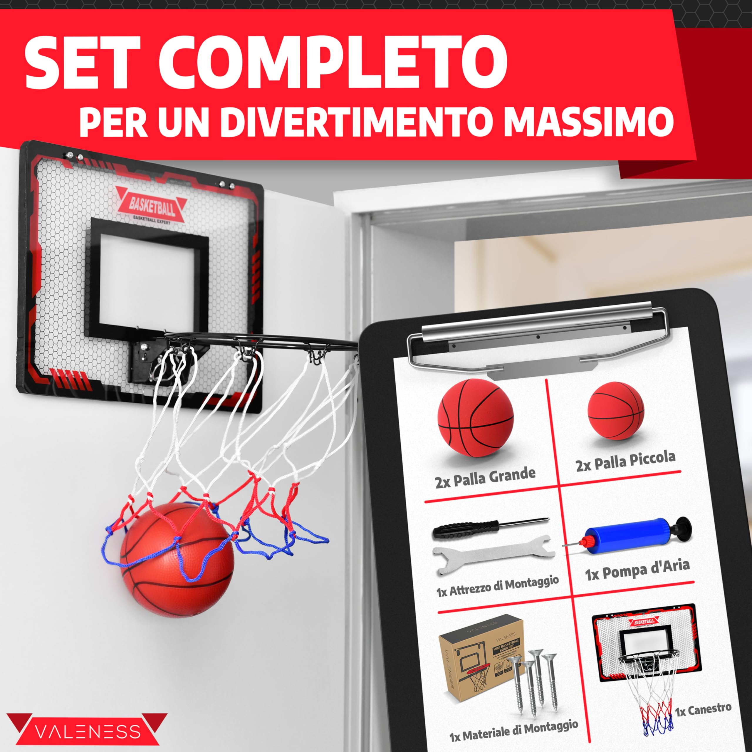 VALENESS® Mini Canestro da Basket da Interno [per Porta & Parete] - Piccolo Canestro con Funzione Schiacciata, 4 Palloni, Pompa & Accessori di Montaggio - per Bambini e Adulti