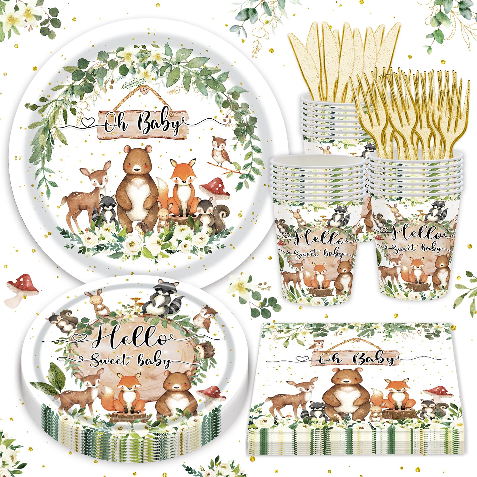 120PCS Woodland Baby Shower Party Supplies for Boys Girls Safari Jungle Wild Animal Party Decorations Nature Sage Plates Napkin Cups Forks Knives Tableware Set for 20 Guests White