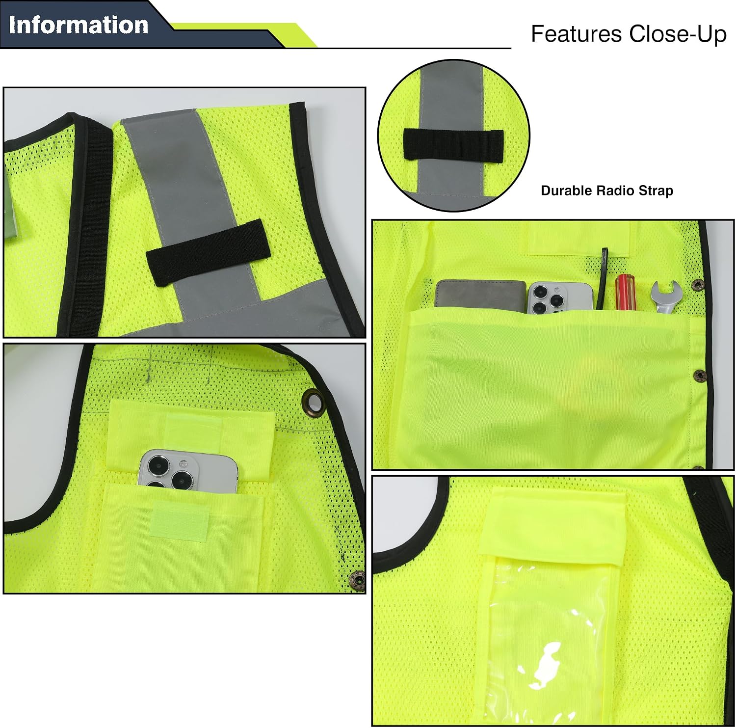 Safety Vest, High Visibility Reflective Vest for Outdoor Work | ANSI Class 2,breathable mesh,reflective strips,multi pockets,snaps,construction warehouse