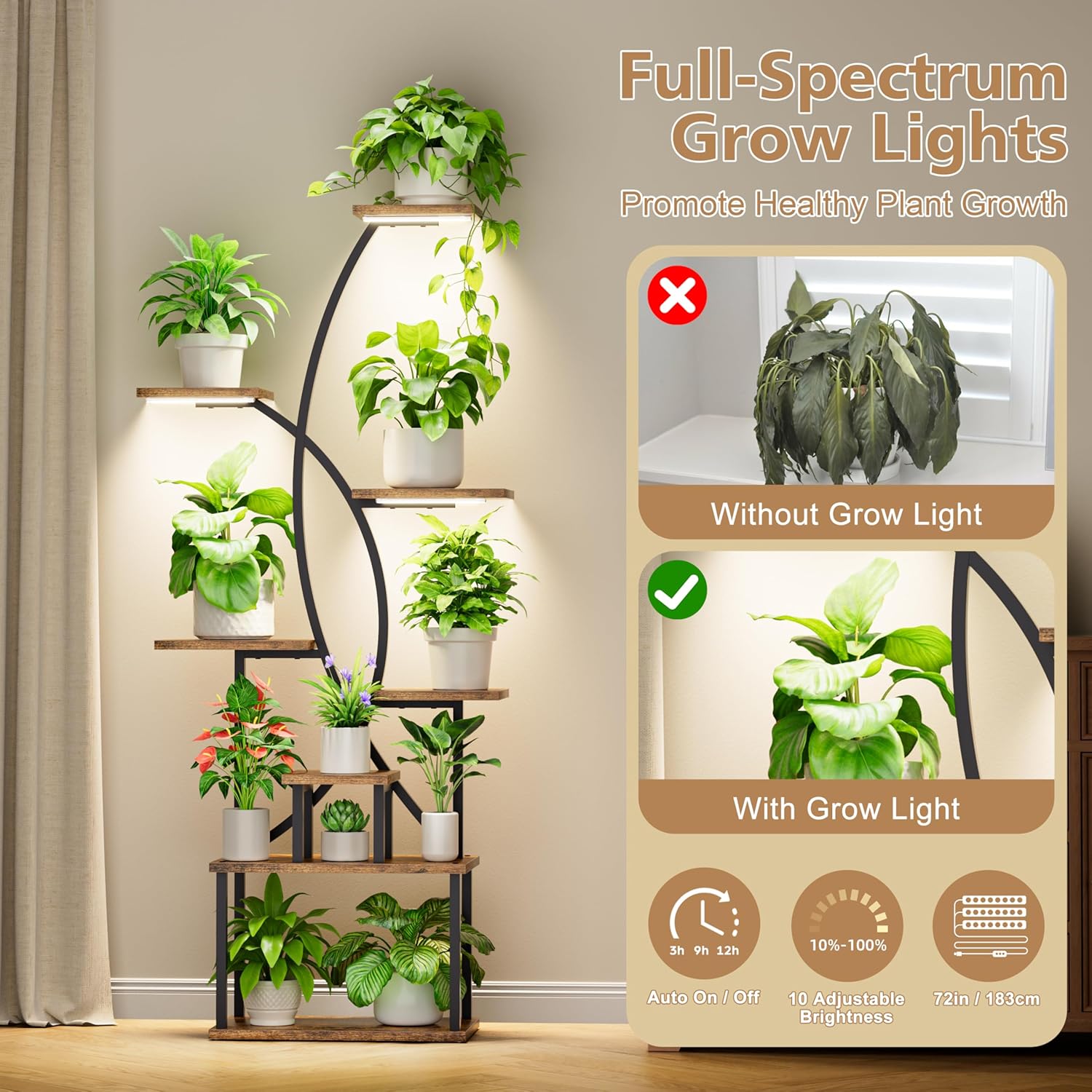JUSTOGO Plant Stand Indoor with Grow Lights, 8 Tiered Tall Plant Shelf for Indoor Plants Multiple, 65" Large Corner Plant Stands, Metal Flower Holder Display Plant Rack for Living Room, Home, Patio