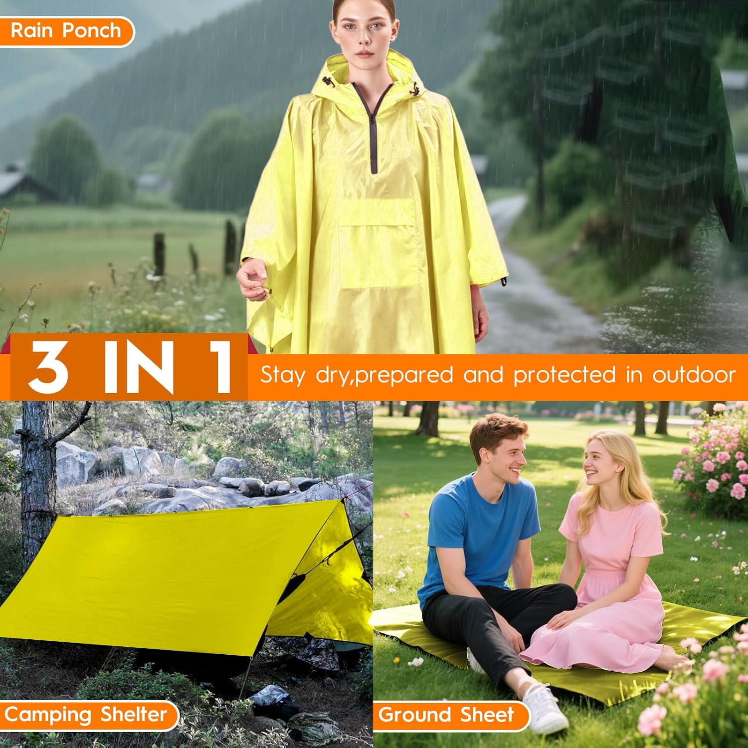 Bruvoalon 3-in-1 Rain Poncho with 1/4 Zip & Chest Pocket, Waterproof, Sunshade, Ground Mat for Adults & Youth Emergency image 2