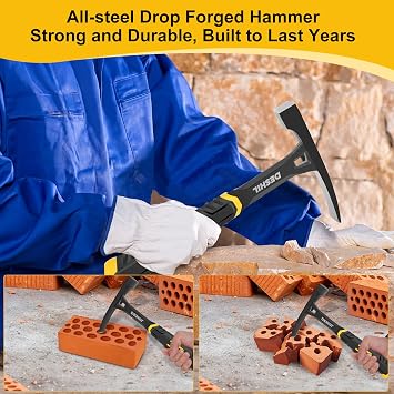 Bricklayer's Hammer Mason's Hammer - 20 oz Masonry Tool with Forged Steel Construction & Shock-Absorbing Grip