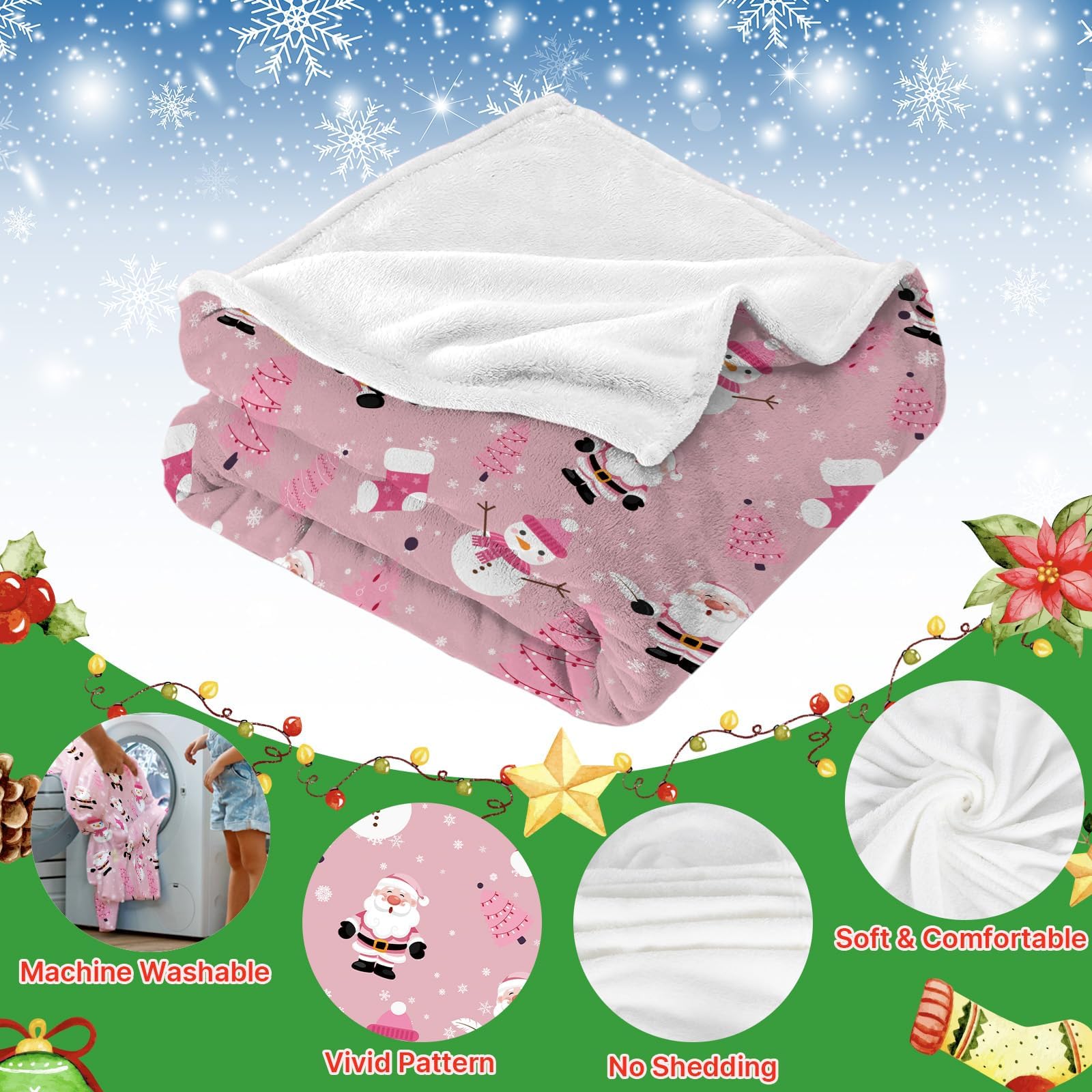 Pink Christmas Throw Blanket Flannel Fleece Holiday Blankets and Throws Cozy Warm Soft Blankets for Couch Cute Pink Snowmen Santa Claus Christmas Tree Prints Xmas Gifts Blanket for Girls 130cmx152cm - Image 3