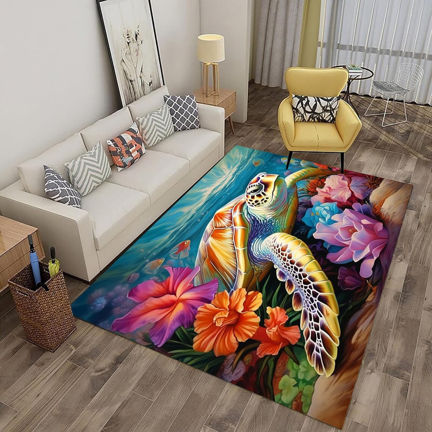 Tapis de salon 3D tortue 120x160 cm grand tapis de sol moderne et antidérapant